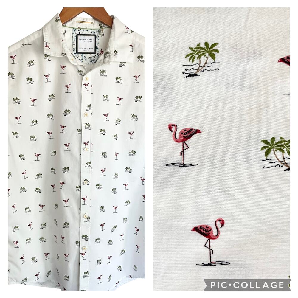 Denim & Flower Short Sleeve Button Up Shirt Mens LARGE Flamingo Palm Trees Print